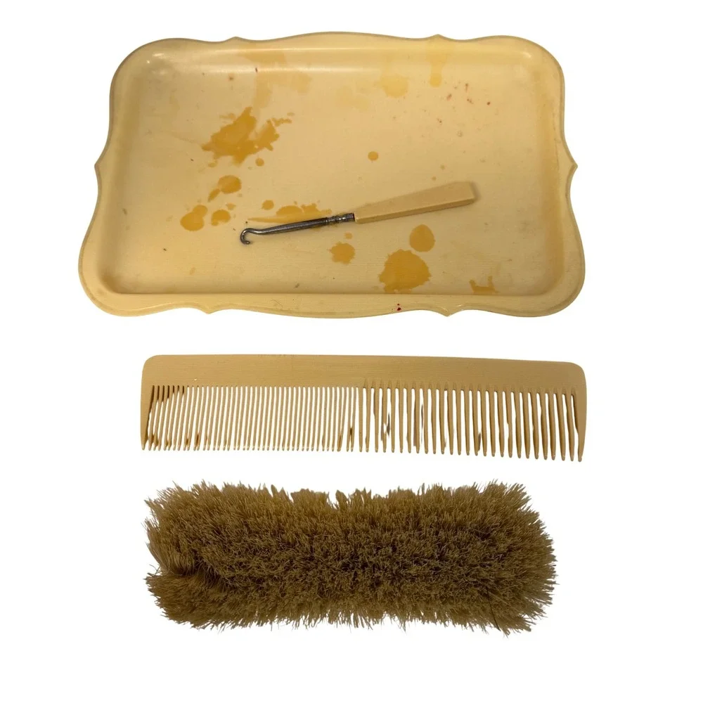 Antique Bakelite Comb Brush Button Hook Vanity Set Tray Celluloid